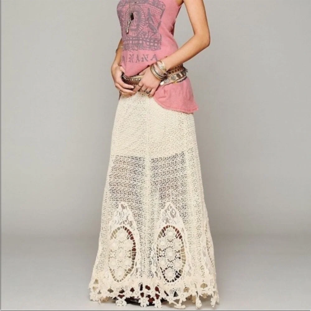 🤍 Free People Mi Amore Maxi Skirt Cream Crochet size 2 Cotton - Picture 2 of 9